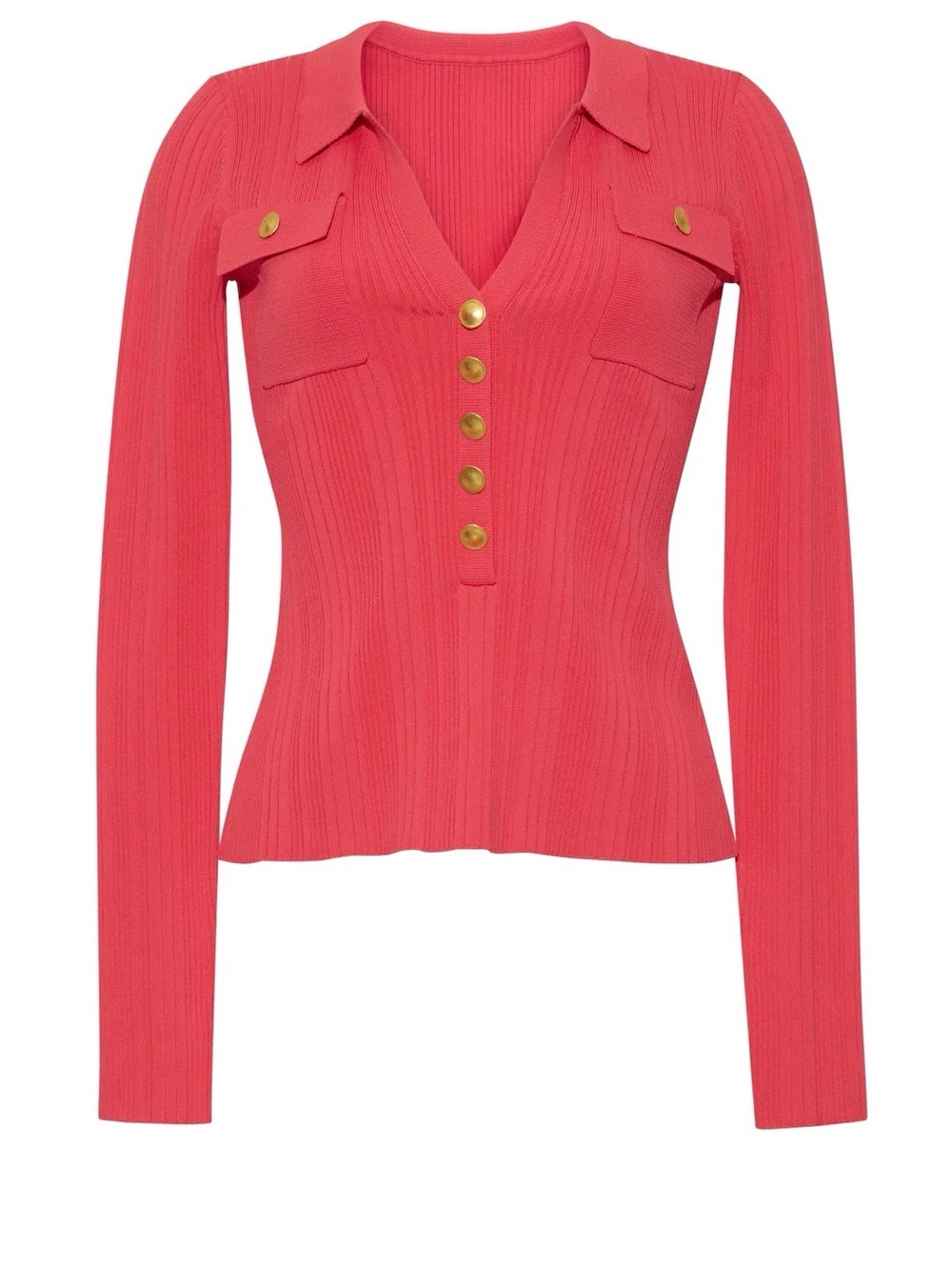 Cara Cara Coral Ribbed Long Sleeve Polo Top with Gold Buttons